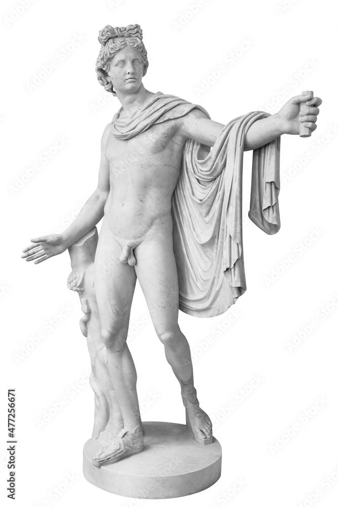 Perspective view of famous roman greek copy of apolo di belvedere sculpture isolated on white background Perspective view of famous roman greek copy of apolo di belvedere sculpture isolated on white background
