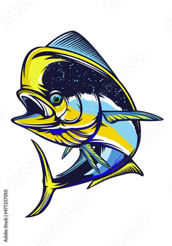 Mahi mahi emblem. Fishing vector illustration. Healthy food. Saltwater fishing. Dolphin fish.