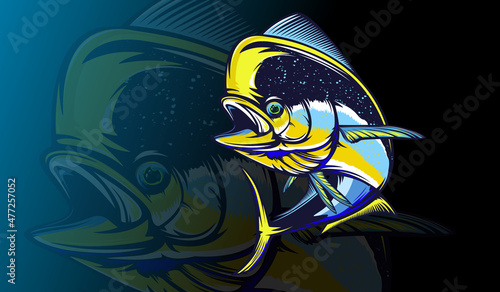 Mahi mahi emblem. Fishing vector illustration. Healthy food. Saltwater fishing. Dolphin fish.