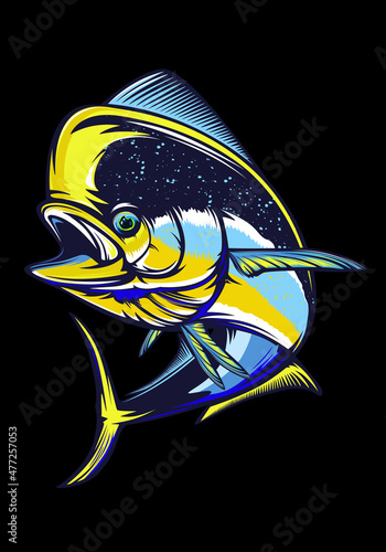 Mahi mahi emblem. Fishing vector illustration. Healthy food. Saltwater fishing. Dolphin fish.