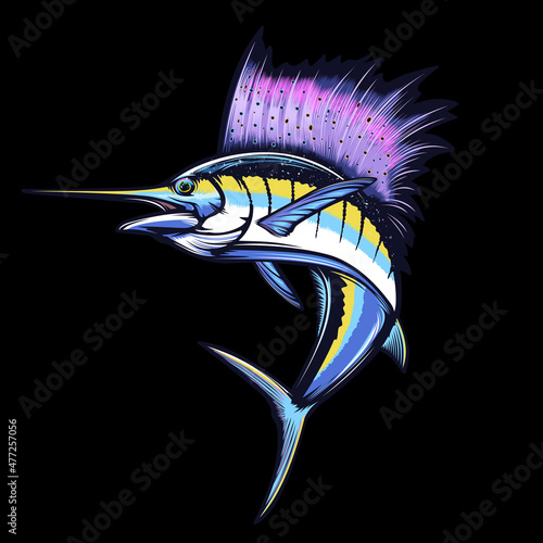 Marline fishing grunge background. Fishing retro theme. Sword fish.