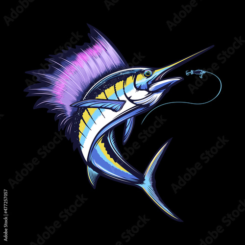Marline fishing grunge background. Fishing retro theme. Sword fish.