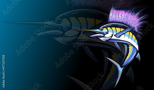 Marline fishing grunge background. Fishing retro theme. Sword fish.