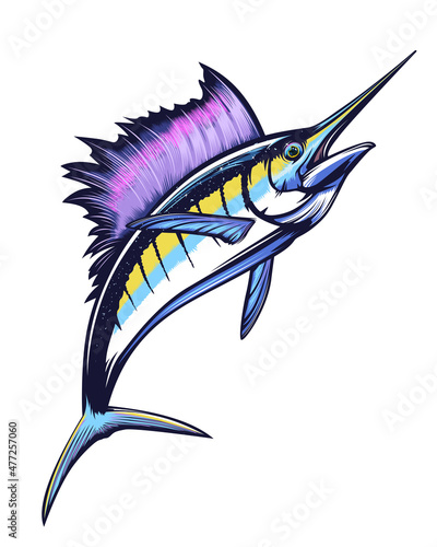 Marline fishing grunge background. Fishing retro theme. Sword fish.