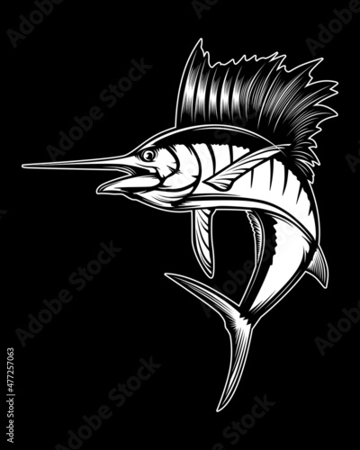 Marline fishing grunge background. Fishing retro theme. Sword fish.