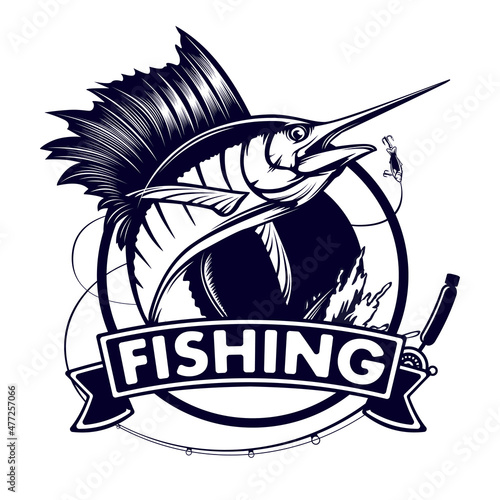 Marline fishing grunge background. Fishing retro theme. Sword fish.