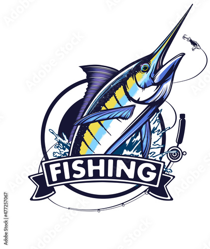 Marline fishing grunge background. Fishing retro theme. Sword fish.