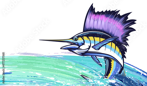 Marline fishing grunge background. Fishing retro theme. Sword fish.