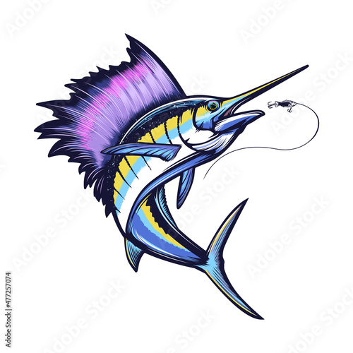 Marline fishing grunge background. Fishing retro theme. Sword fish.