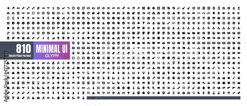 24x24 Pixel Perfect. Basic User Interface Essential Set. 810 Solid Glyph Icons. For App, Web, Print. Round Cap and Round Corner.