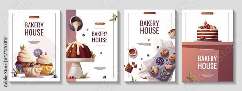 Set of flyers for baking, bakery shop, cooking, sweet products, dessert, pastry. A4 Vector illustration for poster, banner, cover, flyer, menu, advertising.