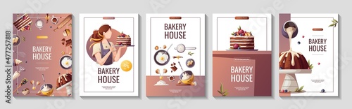 Set of flyers for baking, bakery shop, cooking, sweet products, dessert, pastry. A4 Vector illustration for poster, banner, cover, flyer, menu, advertising.
