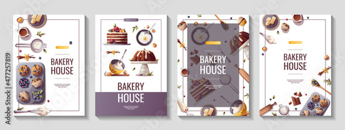 Set of flyers for baking, bakery shop, cooking, sweet products, dessert, pastry. A4 Vector illustration for poster, banner, cover, flyer, menu, advertising.