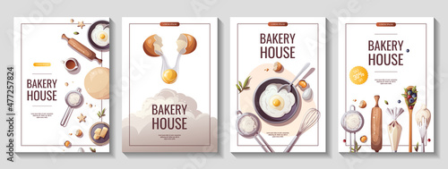 Set of flyers for baking, bakery shop, cooking, sweet products, dessert, pastry. A4 Vector illustration for poster, banner, cover, flyer, menu, advertising.