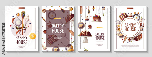Set of flyers for baking, bakery shop, cooking, sweet products, dessert, pastry. A4 Vector illustration for poster, banner, cover, flyer, menu, advertising.