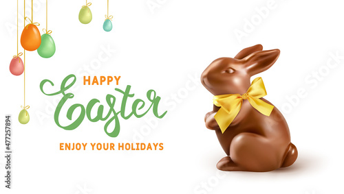 Happy Easter holiday. Chocolate Easter Rabbit on beige background. Realistic vector illustration. Easter banner.