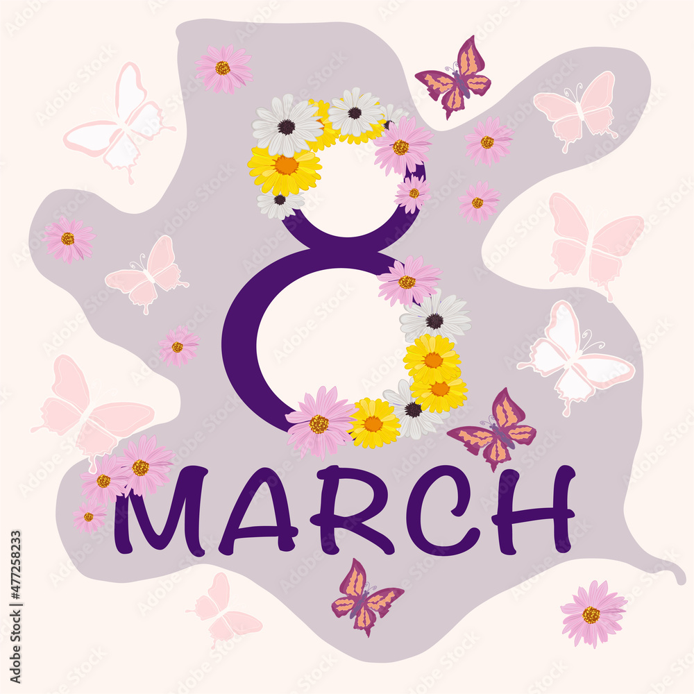 Obraz premium Colorful greeting card 8 March International Women's Day. Multi-colored flowers. Background from beautiful butterflies.