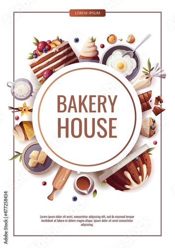 Banner design for baking, bakery shop, cooking, sweet products, dessert, pastry. Vector illustration for poster, banner, cover, flyer, menu, advertising.