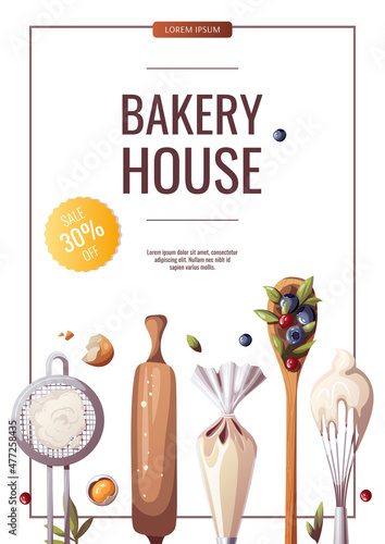 Flour sieve, whisk, wooden spoon, piping bag, rolling pin. Baking, bakery shop, cooking, sweet products, dessert, pastry concept. A4 Vector illustration for poster, banner, flyer, cover, advertising.