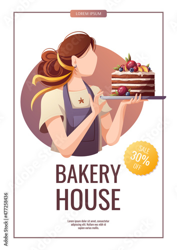 Flyer design with baker and Сake. Baking, bakery shop, cooking, sweet products, dessert, pastry concept. A4 vector illustration for poster, banner, card, cover, menu, flyer.