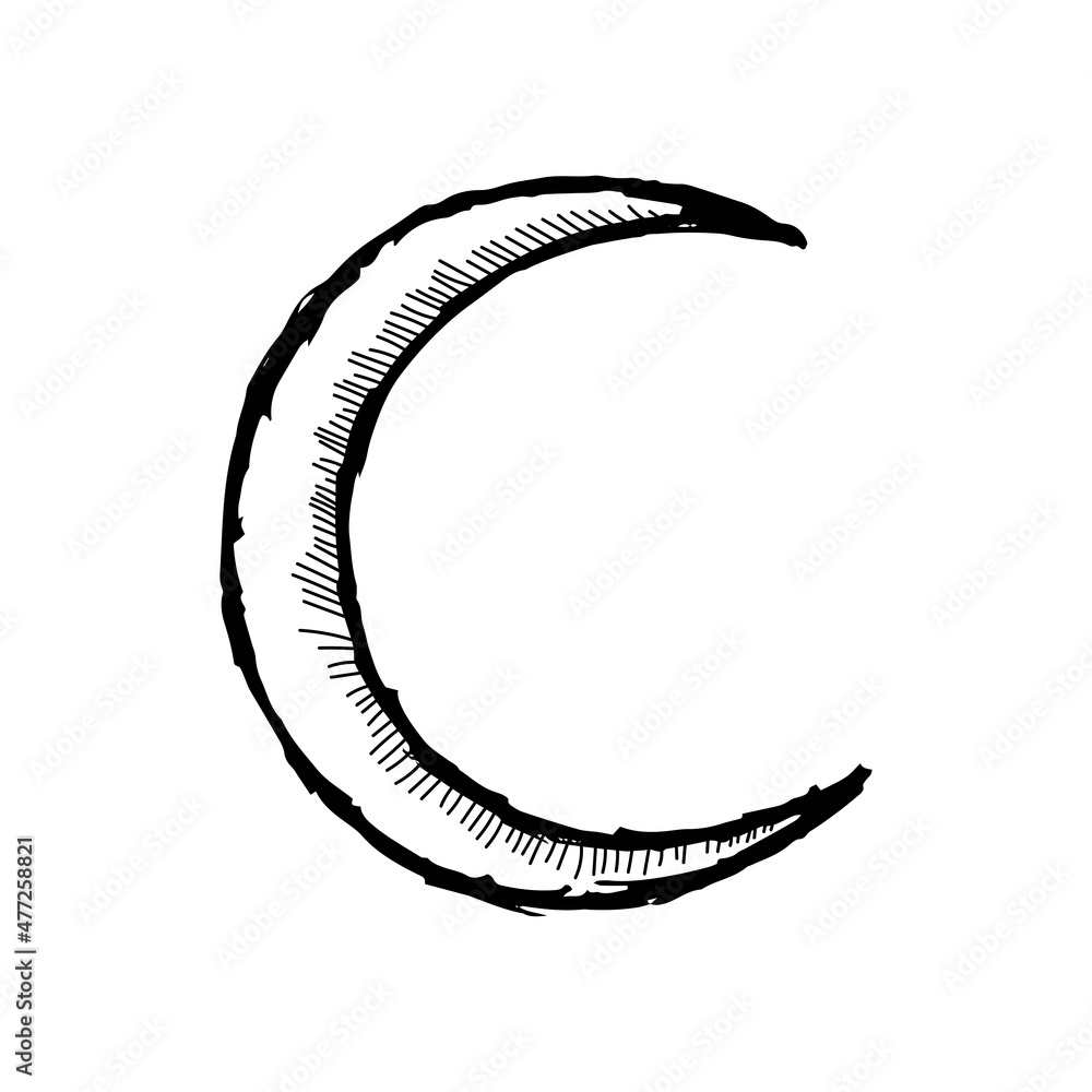 Crescent drawing icon. Hand drawn moon sign. Vector eps vignetting sketch isolated astronomy symbol
