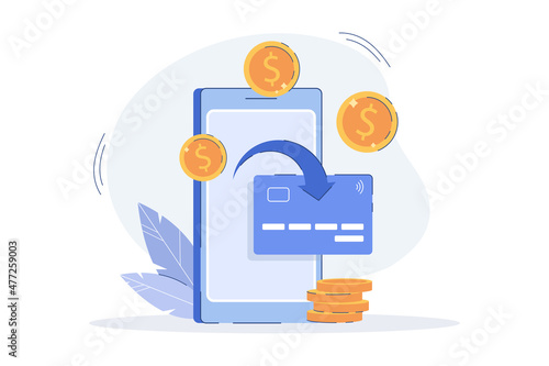 Flat receiving cashback bonus from paying online. Coins transfer from smartphone to e-wallet or banking credit card. Money reward program from purchase. Cash refund, financial savings concept.