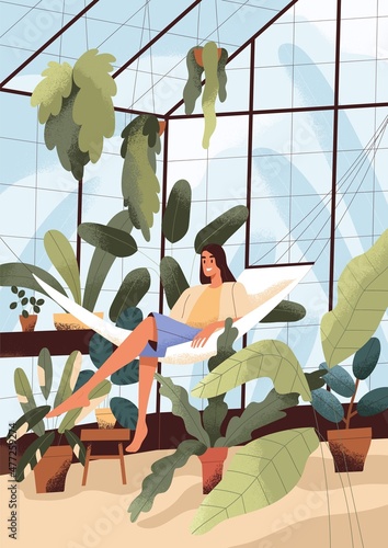 Person relaxing in home greenhouse among potted plants. Happy woman on hammock in green house at leisure. Female resting in glass winter garden with houseplants, urban jungle. Flat vector illustration