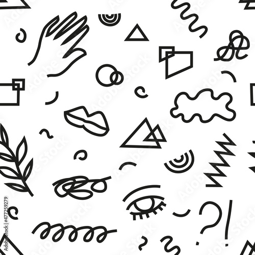 Mid century abstract monochrome scribble shapes seamless repeating patterns on white background