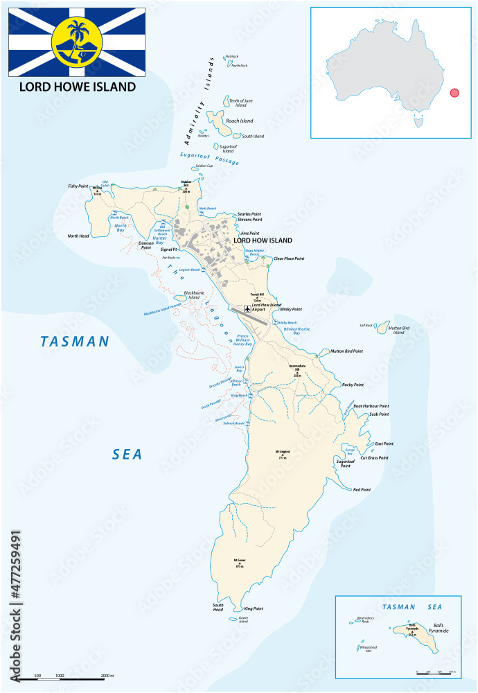 Vector map of the Australian Lord Howe Island in the Tasman Sea