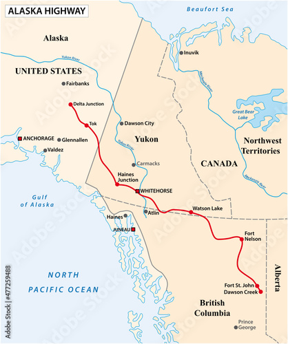 vector map of the alaska highway  united states  canada 