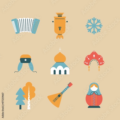 Russian icons in flat style. Colorful images of Russian culture. Vector illustration for website, posters and cards.