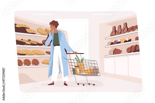 Customer choosing bakery, making purchases in grocery store. Buyer with shopping cart in aisle with shelves, buying bread in supermarket. Daily life scene in food hypermarket. Flat vector illustration