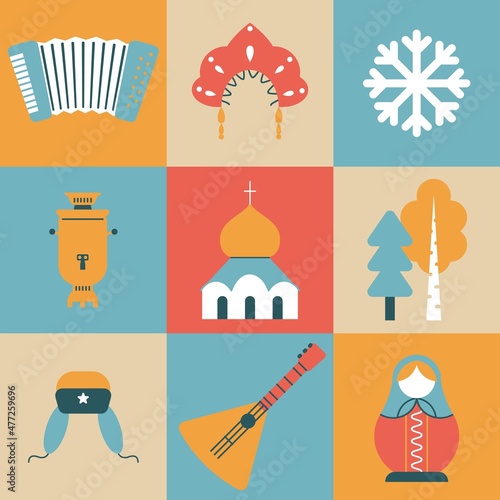 Russian icons in flat style. Colorful images of Russian culture. Vector illustration for website, posters and cards.
