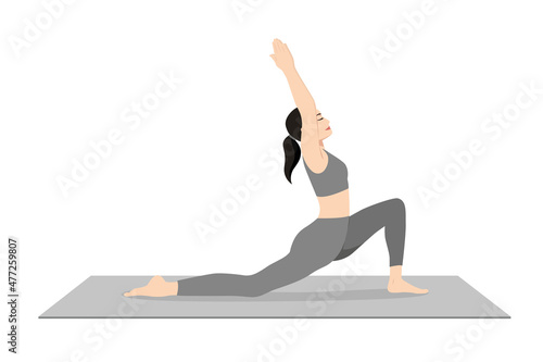 Low Lunge Pose, Crescent Low Lunge Pose, Crescent Moon Pose. Beautiful girl practice Anjaneyasana. Young attractive woman practicing yoga exercise. working out, black wearing sportswear, grey pants