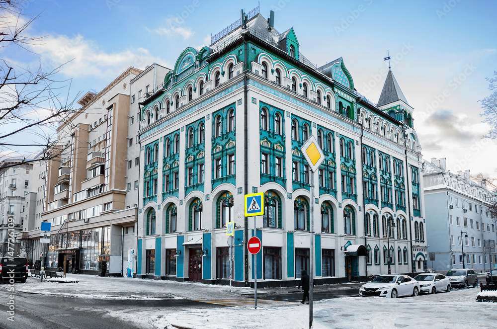Moscow, Russia, A house with tiles on Sukharevskaya Square.
 This is the building of a former apartment building, erected in the Art Nouveau style in 1908-1911. The house is richly decorated with colo