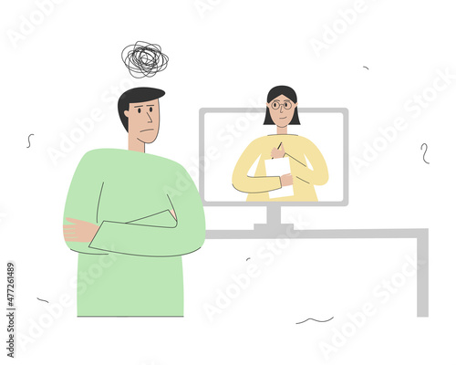 Online therapy and counseling for stress and depression. A young woman psychotherapist supports a man with psychological problems. Vector