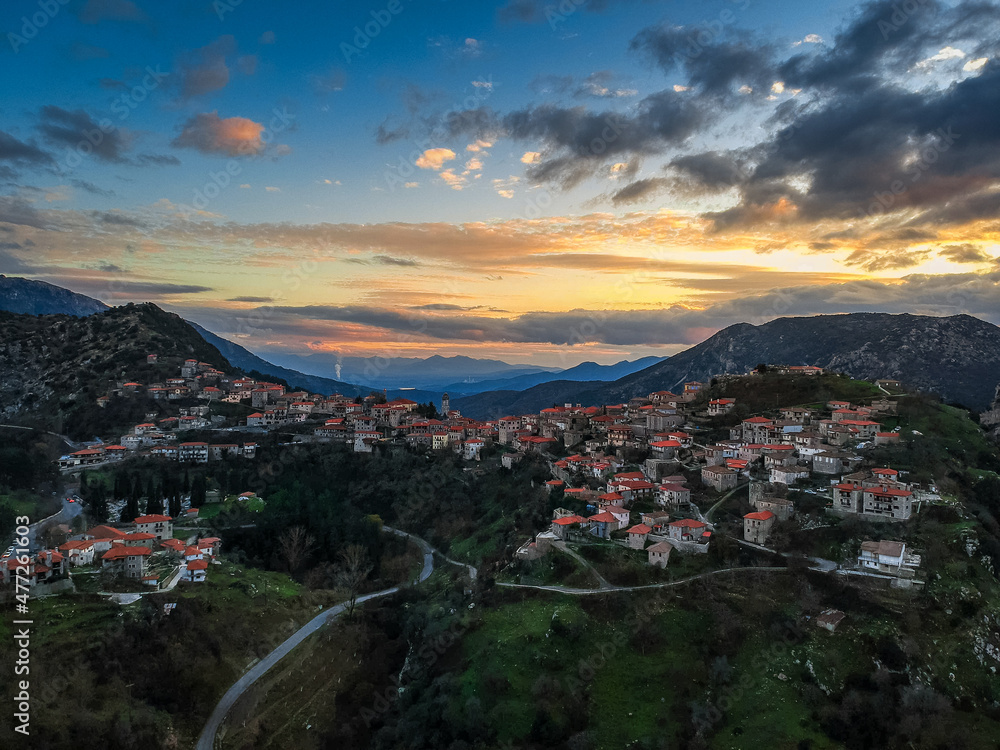 Aerial view over the beautiful historical village Dimitsana during winter period in Arcadia, Peloponnese, Greece