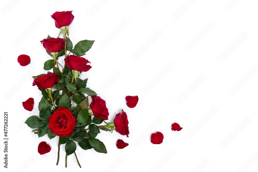 Bouquet of red roses and petals on a white background with space for text. Top view, flat lay. Valentines Day decoration Bouquet of red roses and petals on a white background with space for text. Top view, flat lay. Valentines Day decoration