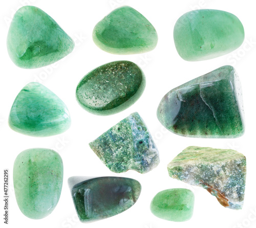 set of various green aventurine stones cutout photo