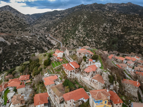 Aerial view over the beautiful historical village Dimitsana during winter period in Arcadia, Peloponnese, Greece photo