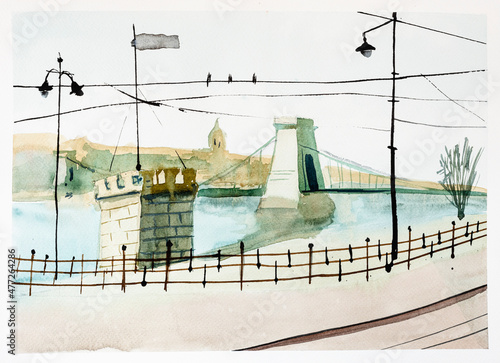 view of waterfront and bridge on river in Budapest city hand drawn by watercolors on white textured paper