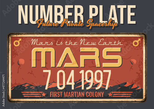 Mars Number Plate for the Future Private Spaceships, Martian Landscape, Rusty Frame