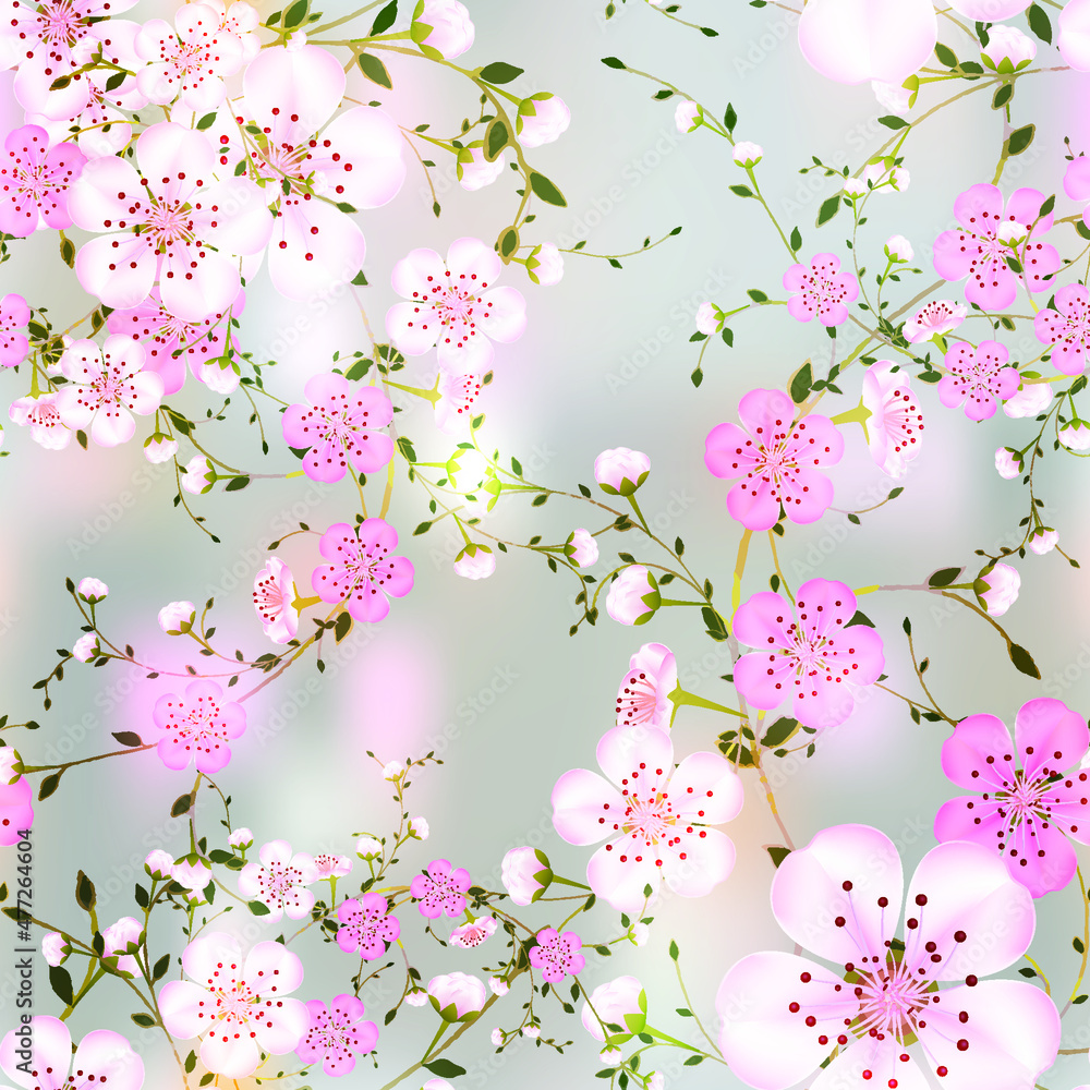 Seamless background pattern of branches pink Japanese cherry flower on gray abstract background in a random arrangement square format suitable for textile. Sakura flowers texture, symbolic of Spring