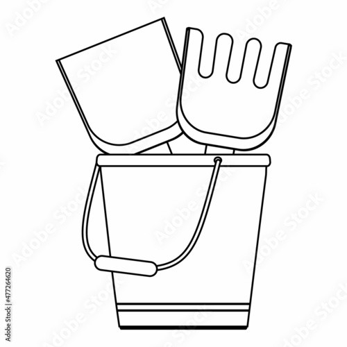 Sand tools icon shovel, rake and bucket, isolated illustration, black outline