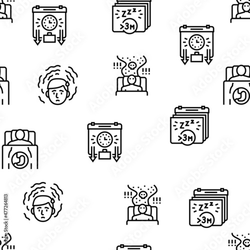 Insomnia Person Chronic Problem Vector Seamless Pattern Thin Line Illustration