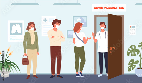 Cartoon people in masks waiting in line for covid vaccine injection in hospital, doctor opening door to patient in clinic. Coronavirus medical prevention concept. Vaccination queue vector illustration