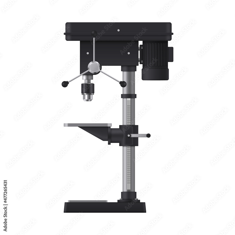 Realistic drilling machine isolated on white background. Side view. Vector illustration. Realistic drilling machine isolated on white background. Side view. Vector illustration.