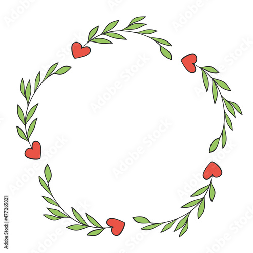 round frame heart with green leaves branch frame border for love valentine card design