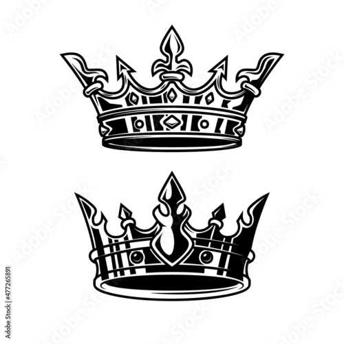 Illustration of king crown in monochrome style. Design element for logo, emblem, sign, poster, t shirt. Vector illustration