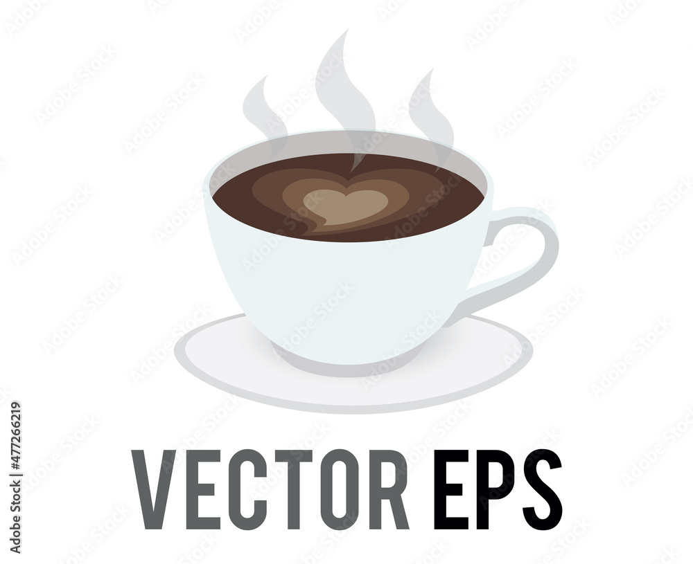 Vector cup of steaming hot beverage coffee icon with foamy white heart latte art design Vector cup of steaming hot beverage coffee icon with foamy white heart latte art design